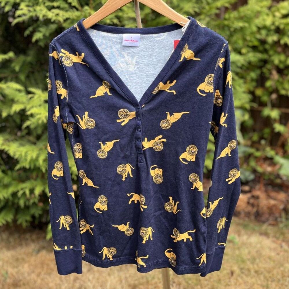 Hanna Andersson Lion Pajama Top Women's Medium Navy Organic Cotton Henley NWT